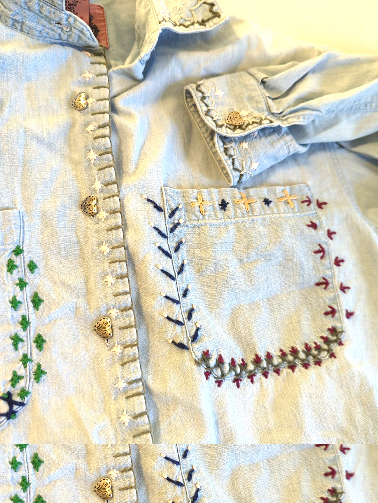 Vtg 70’s Women Embroidered Chambray Shirt 6 Heart Buttons Lg Sleeve Hong Kong