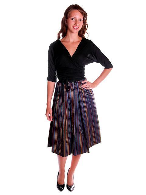 VTG 1940s Black Rayon Taffeta Skirt Bright Primary Stripes XS 22.5″ Waist
