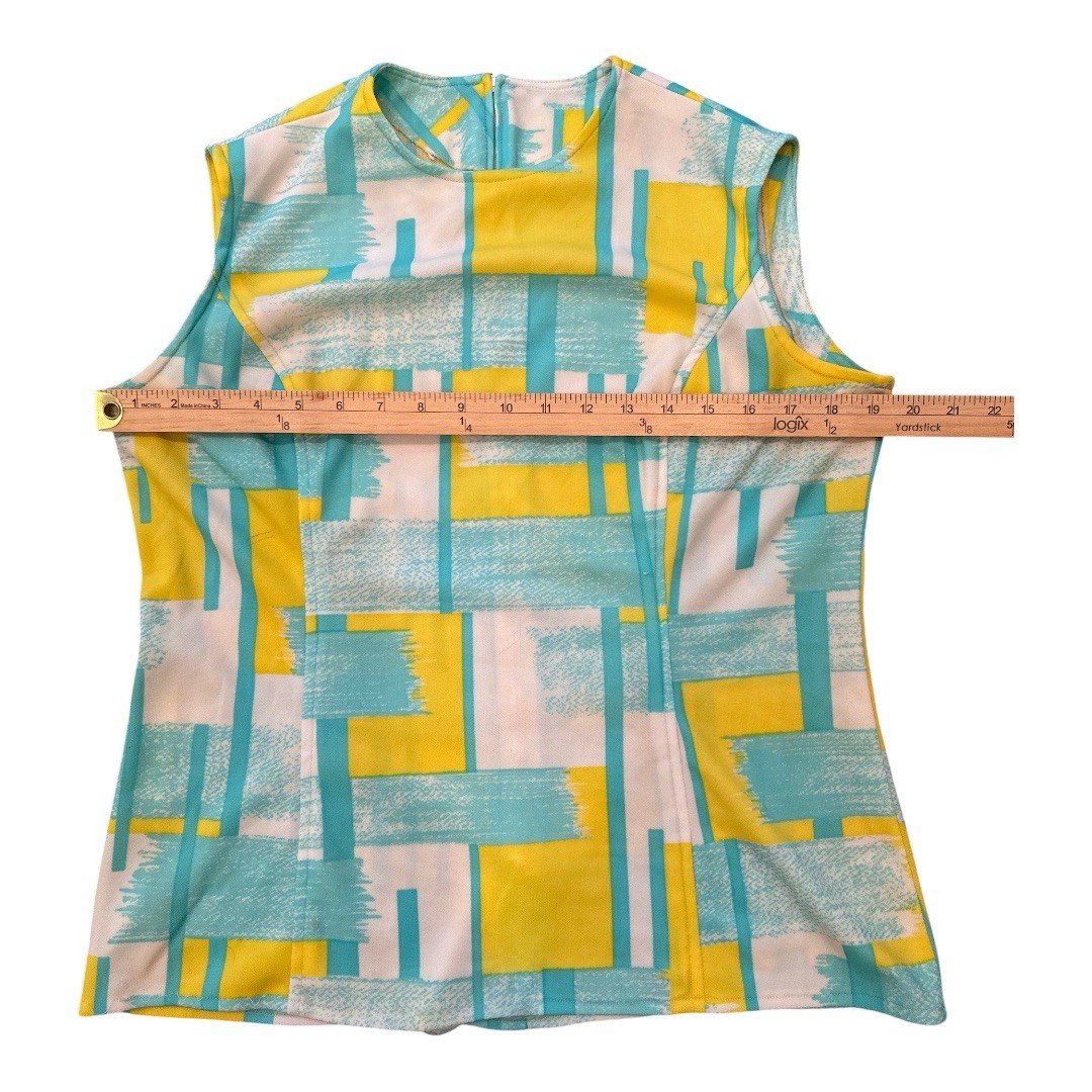 Vintage 50s Housewife polyester tank top size Medium teal yellow white