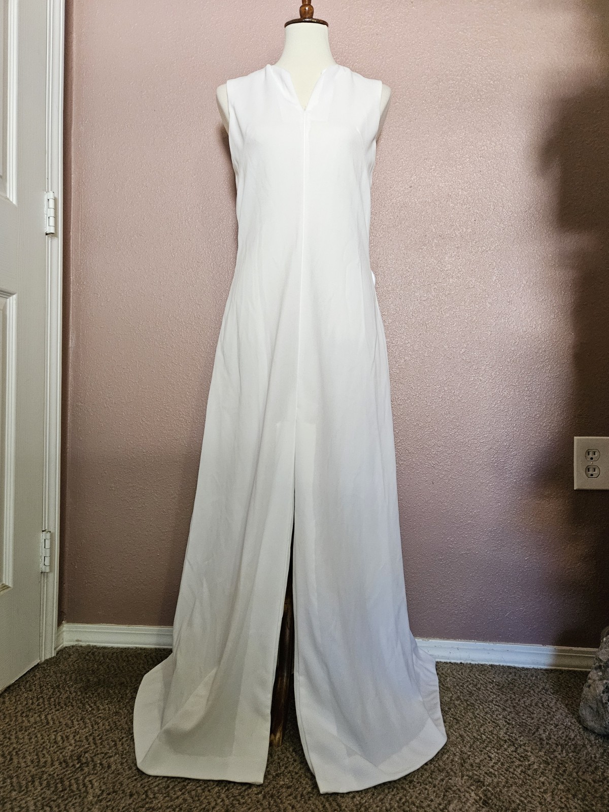 Vintage 1960s White Lined Sleeveless Long Formal Sleeveless Dress Size 8/10 Med