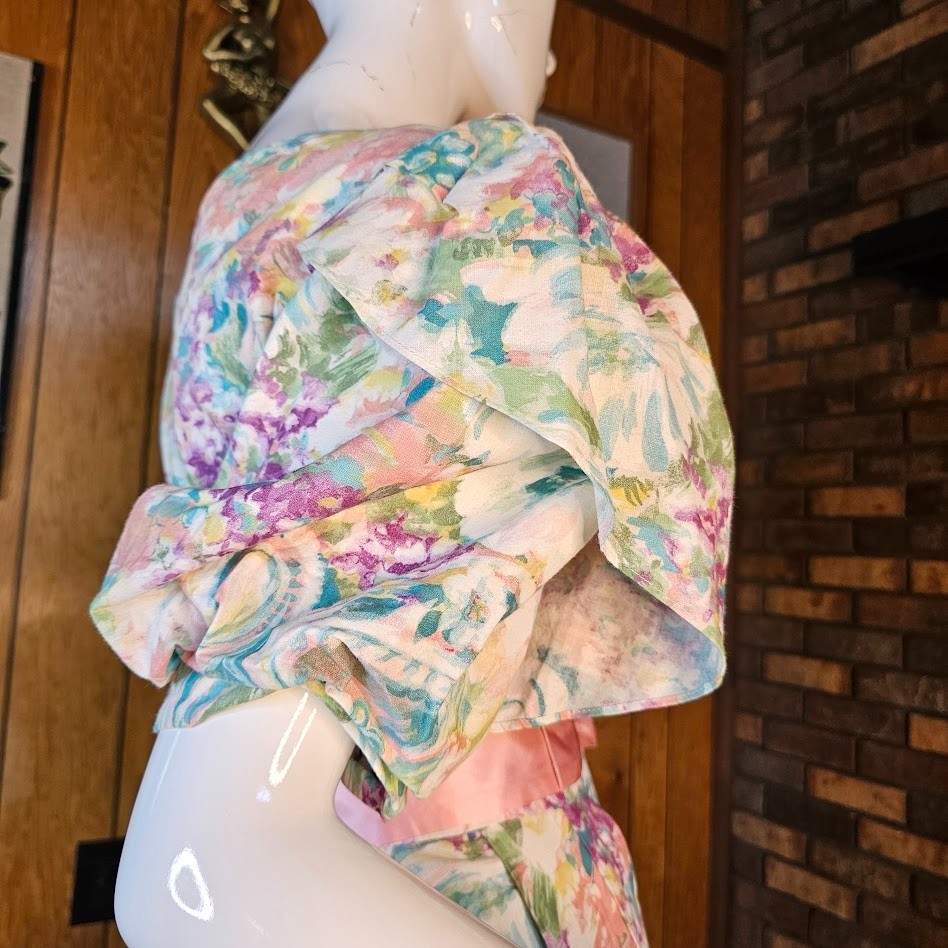 Vtg 80s Fever Dream Floral Romantic Garden Party Belted Bow Volup Tea Dress M/L