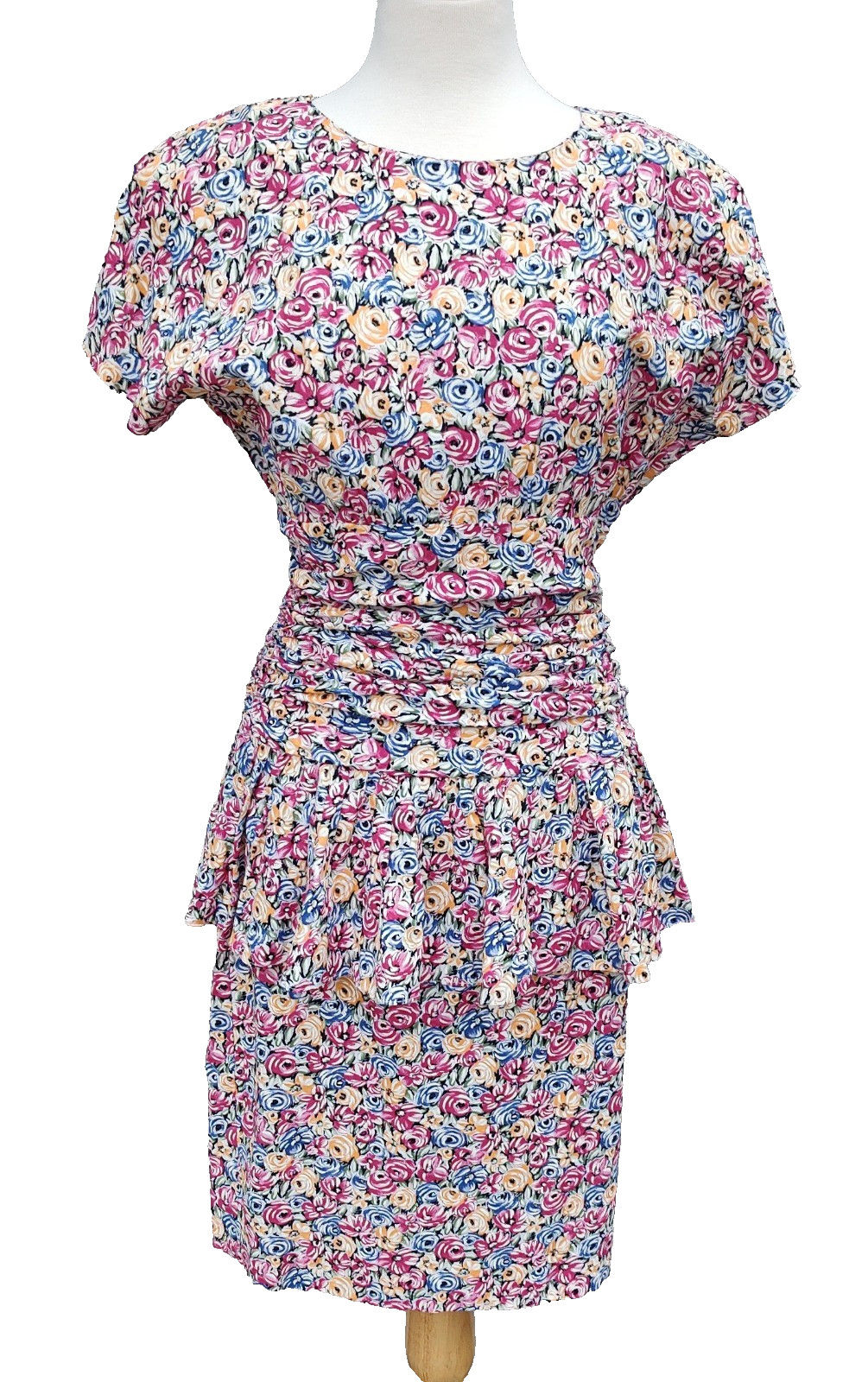 VTG 80s Jane Singer Rayon Floral Dress size 10 Drop Waist Ruffle Peplum USA Made