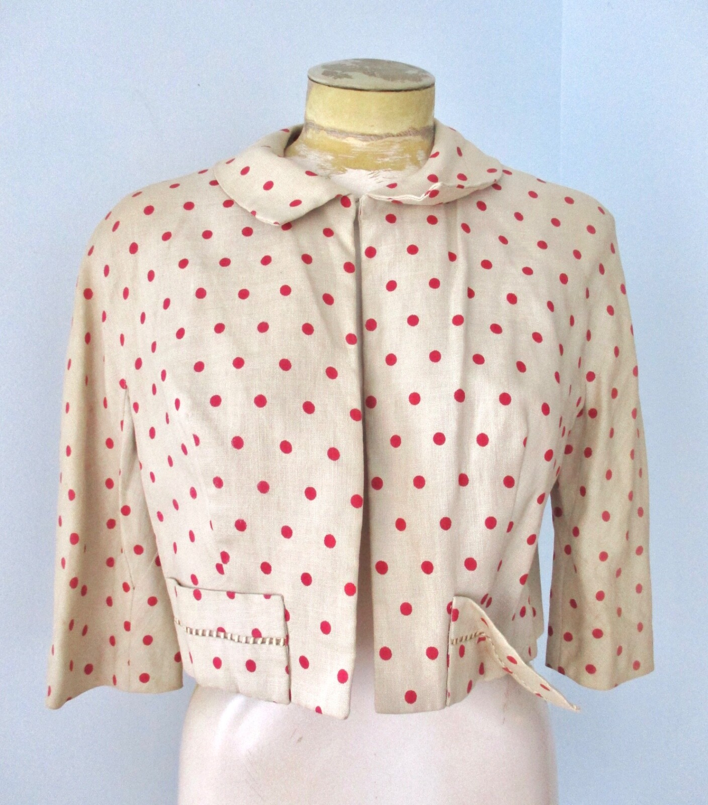 Vtg 50s 60s tan brown red polka dot 2-pc secretary dress cropped jacket suit M