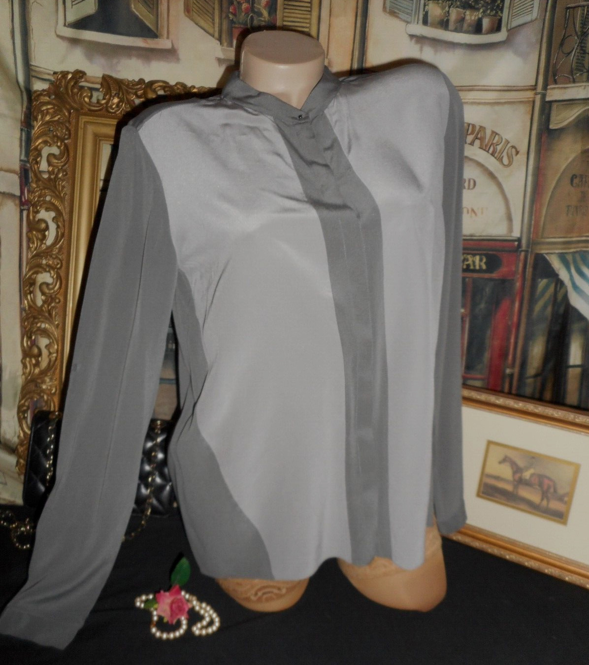 M Silk Blouse Grey Silk Blouse Long Slv Soft Sueded Sand Wash Band Collar NOS