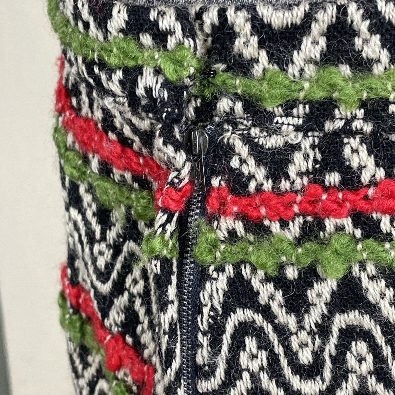 Vintage 60s Handmade Boucle Suit XXS Cropped Jacket Skirt Green Red Black