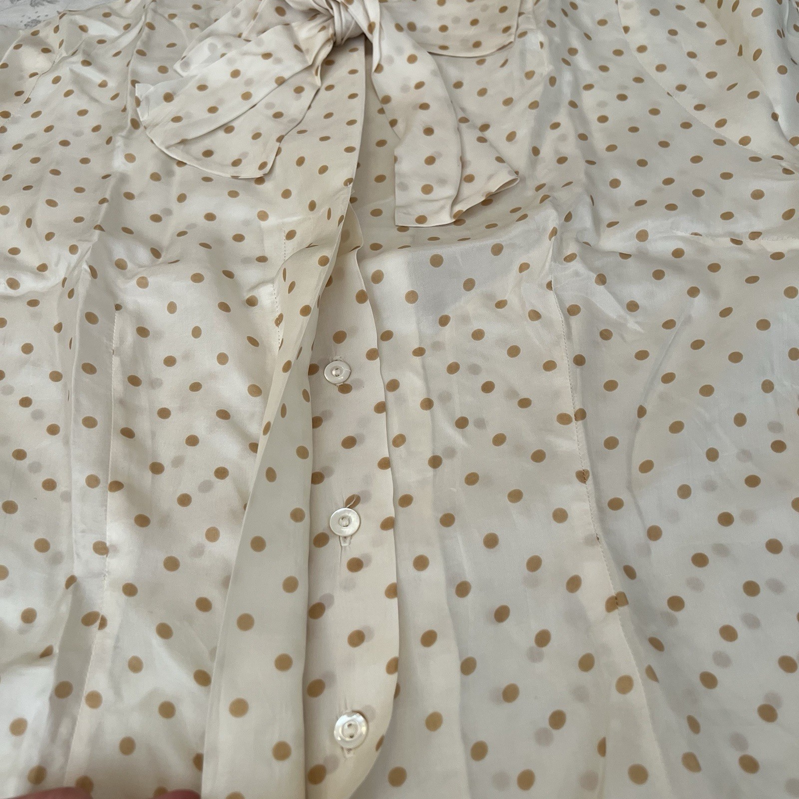Vintage 50s Adelaar 100% Silk Blouse Polka Dot Cream Pussy Bow Short Sleeve