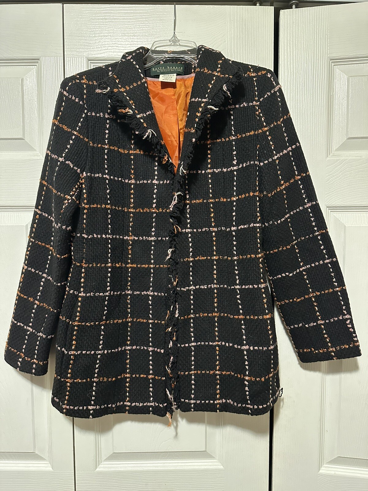 Vintage Harve Bernard Jacket 8 Wool Womens Black Plaid Fringe Trim Open