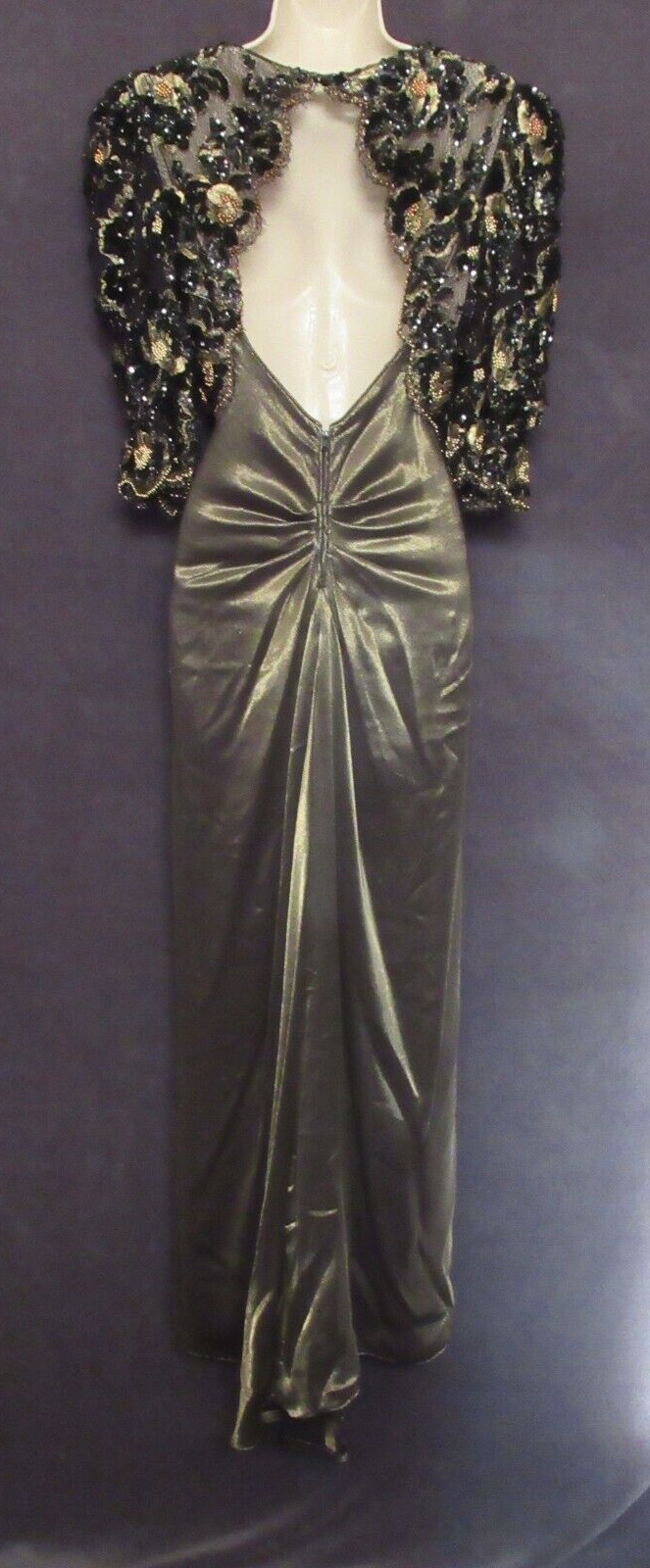 Vintage Digna Yero Black Gold Metallic Sequin Lace Bead Backless Formal Dress 8