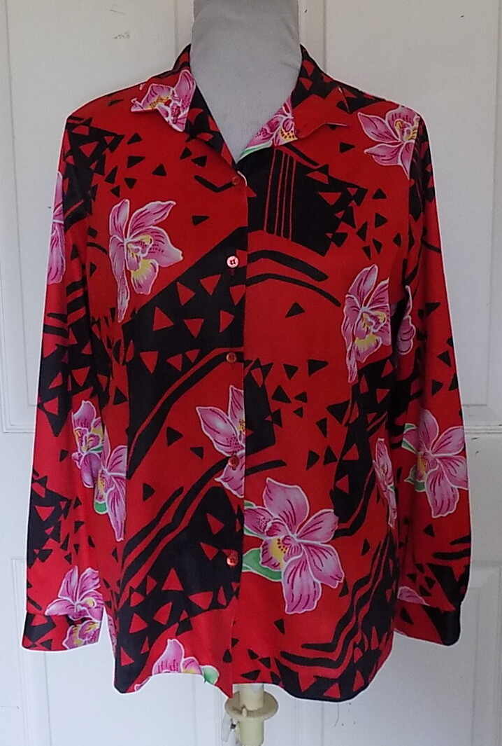 Vintage Red Black Vera Long Sleeved Orchids Blouse Size 16 Lady Bug Label B40 **