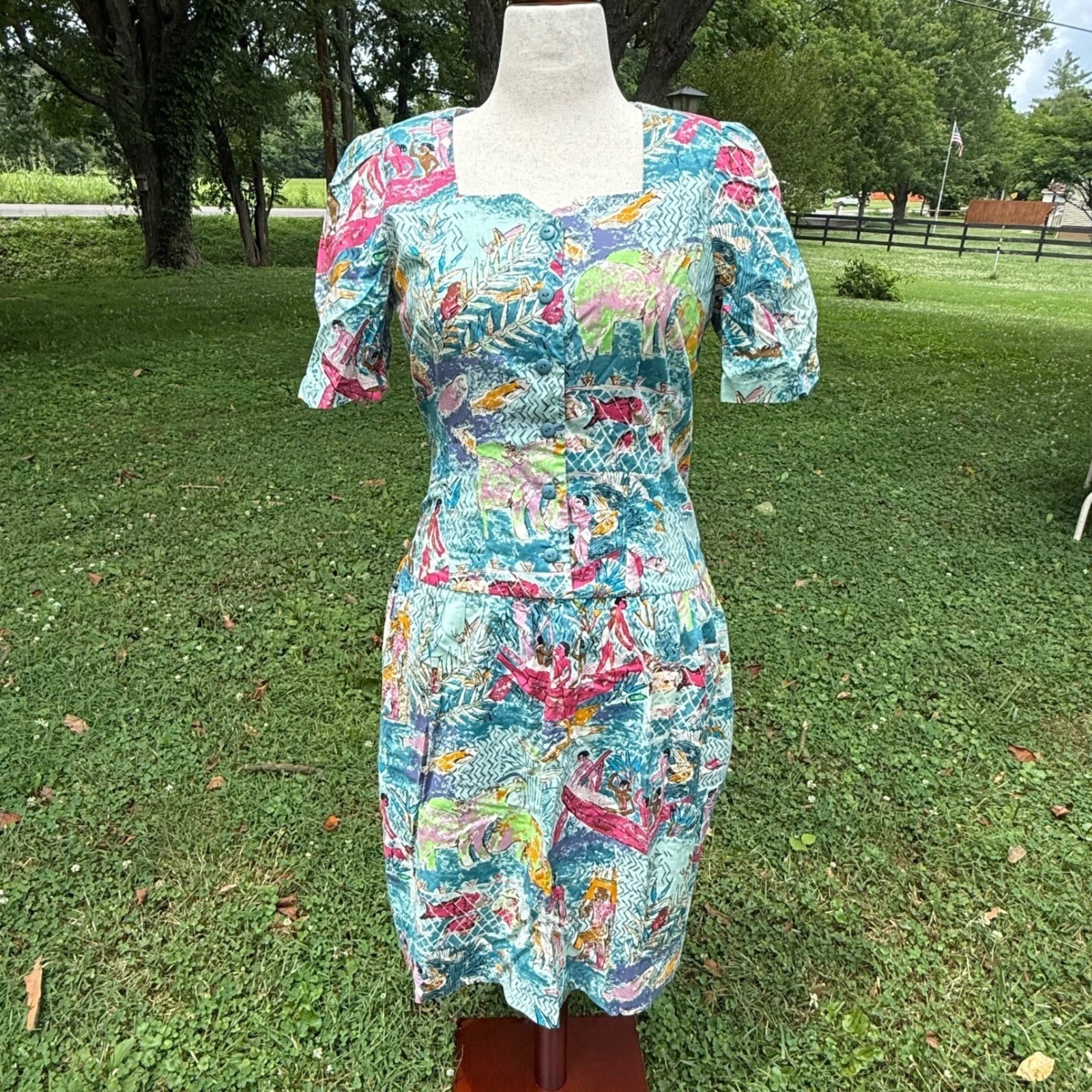 VTG Jane Schaffhausen Belle France Success Tropical Print Dress 10 Whimsy 80s