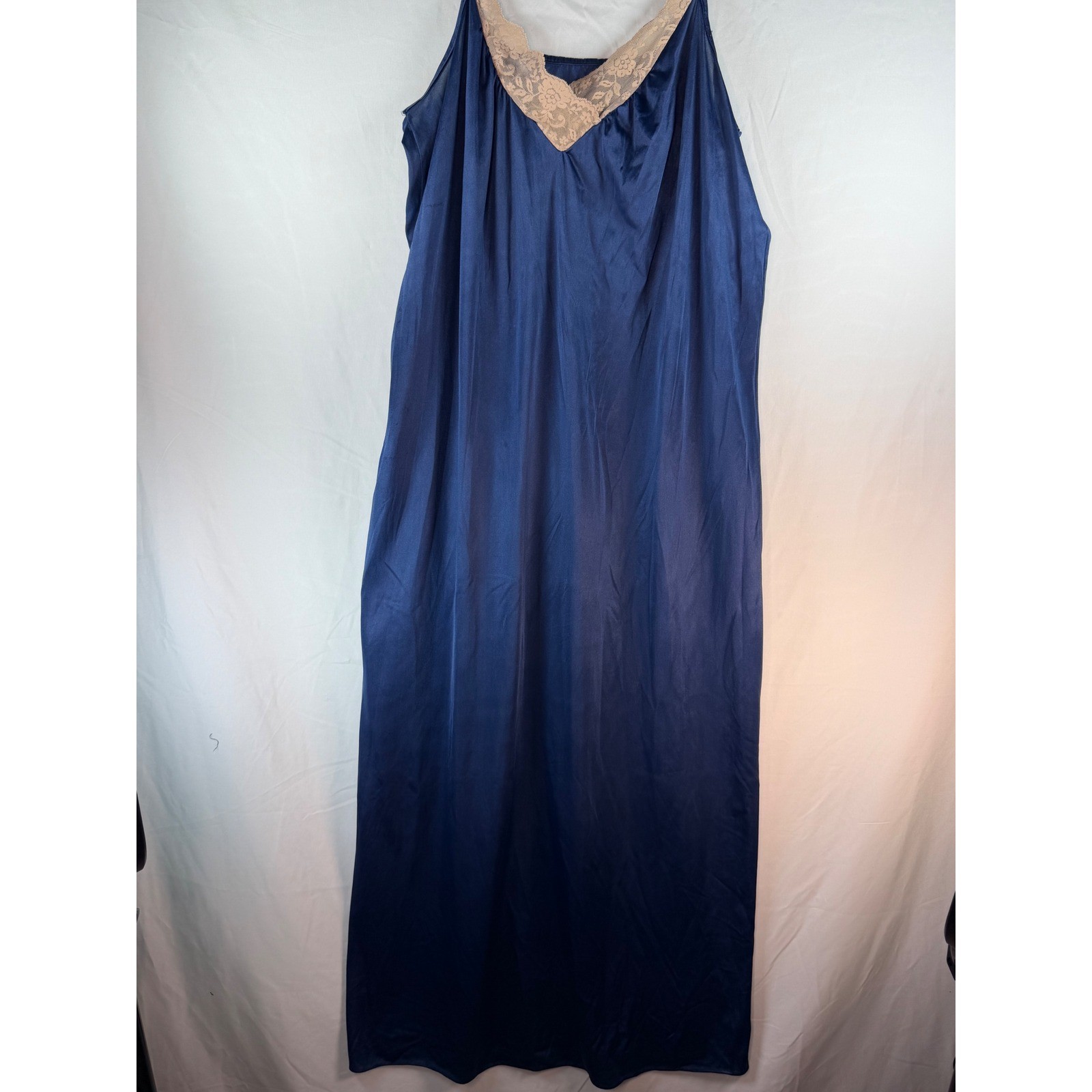 Vintage Navy Blue Satin Lace Trim Full Length Nightgown Spaghetti Strap Maxi L
