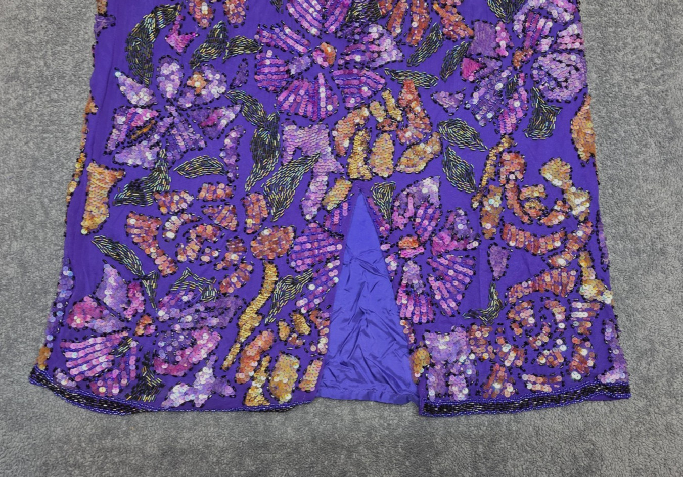 Vintage Oleg Cassini Silk Beaded Sequin Floral Evening Dress Purple Sz 14