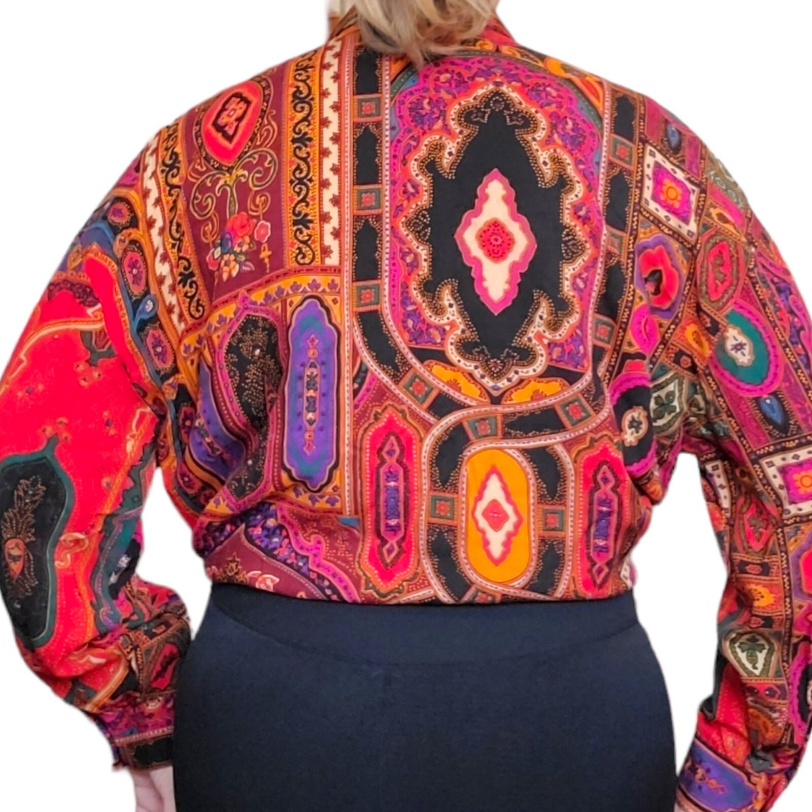 Vtg 80s 90s Colorful Abstract Paisley Blouse M/L Rayon Boho Button Up Red