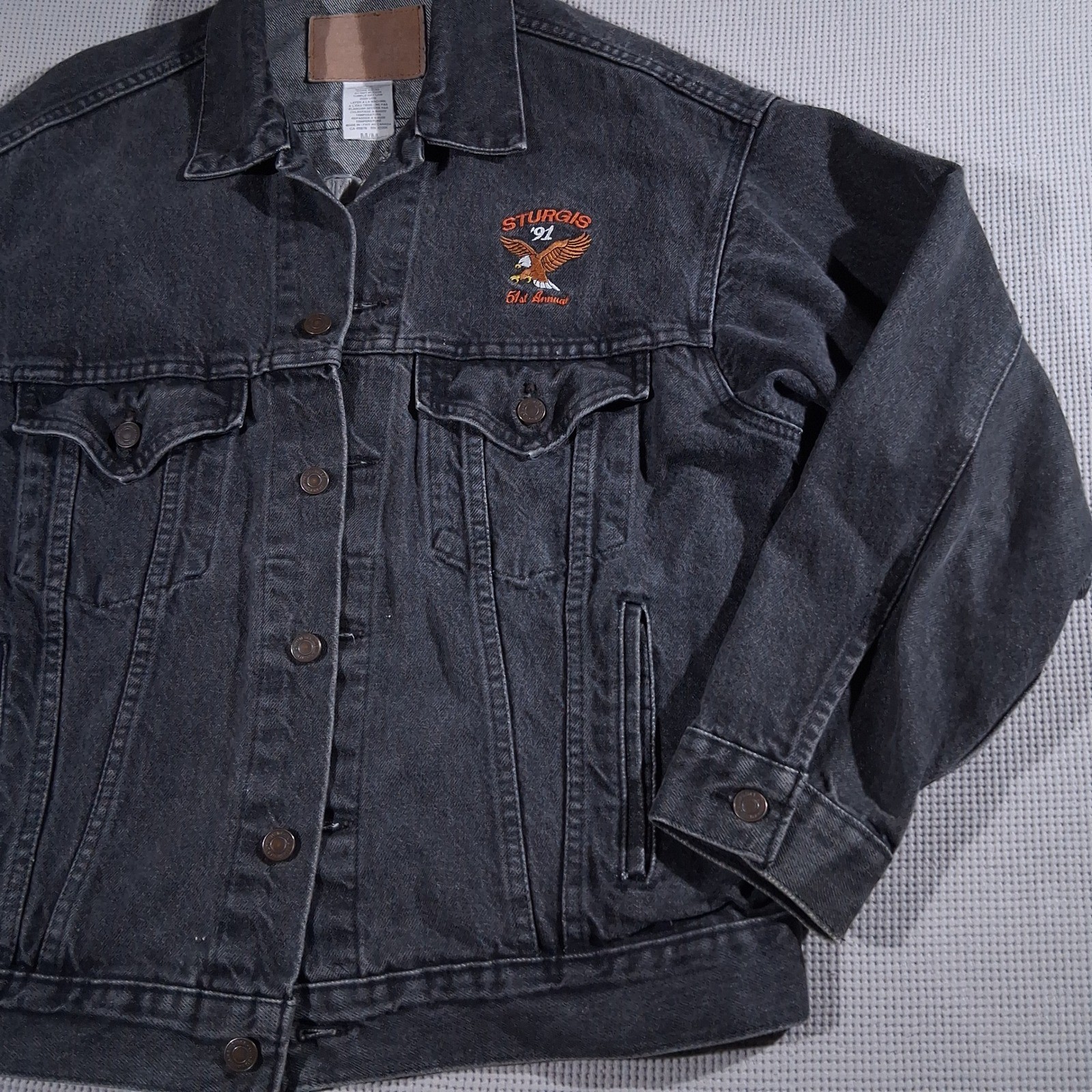 Vintage 1991 Sturgis Black Hills Motor Classic Denim Motorcycle Jacket Black MED