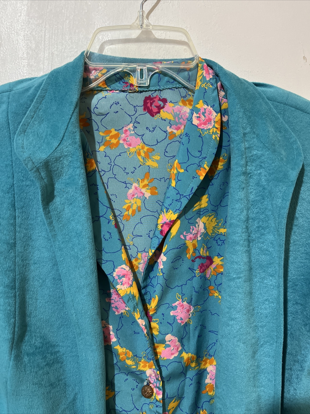 Vtg Anjac Fashions Dress and Jacket Women M Aqua Floral Velour Marc Needleman