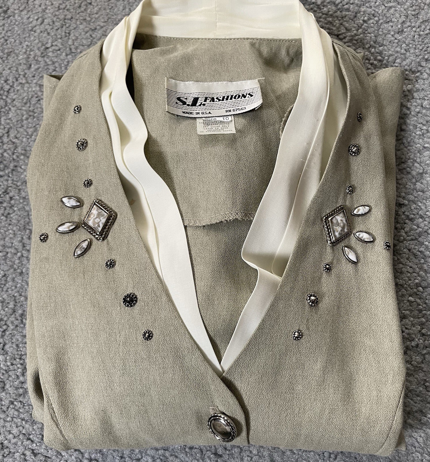 Vtg 70s SL Fashion Peplum Midi Dress 10 Button Up Sage Beads Classic USA Made