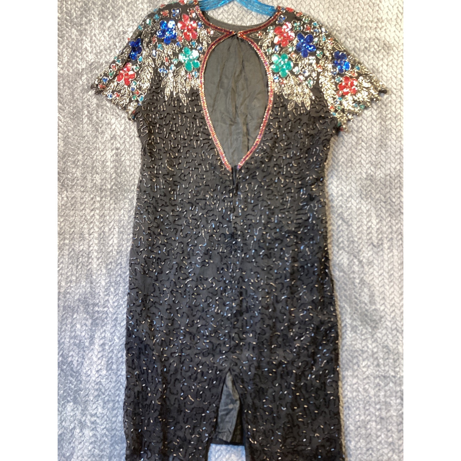 Swee Lo Vintage Beaded Silk Dress Black Floral Sequined Keyhole Evening Gown