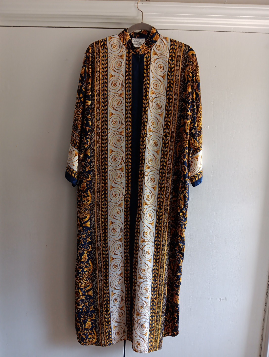 VTG Ruth Norman Neiman Marcus Caftan Hostess Dress Gold Blue Regal Robe Sz S