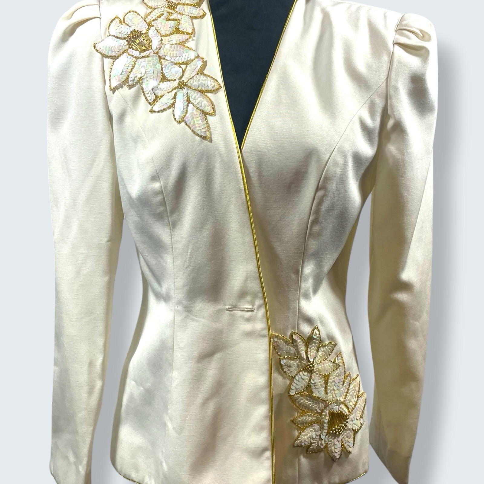 Vintage Abby Kent Ivory Satin Suit Set Sequin Applique 3pc USA 6/8