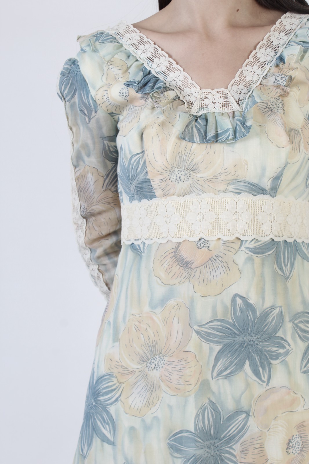 Vintage High Waist Floral Dress 70s Prairie Peasant Hippy Micro Mini Sundress