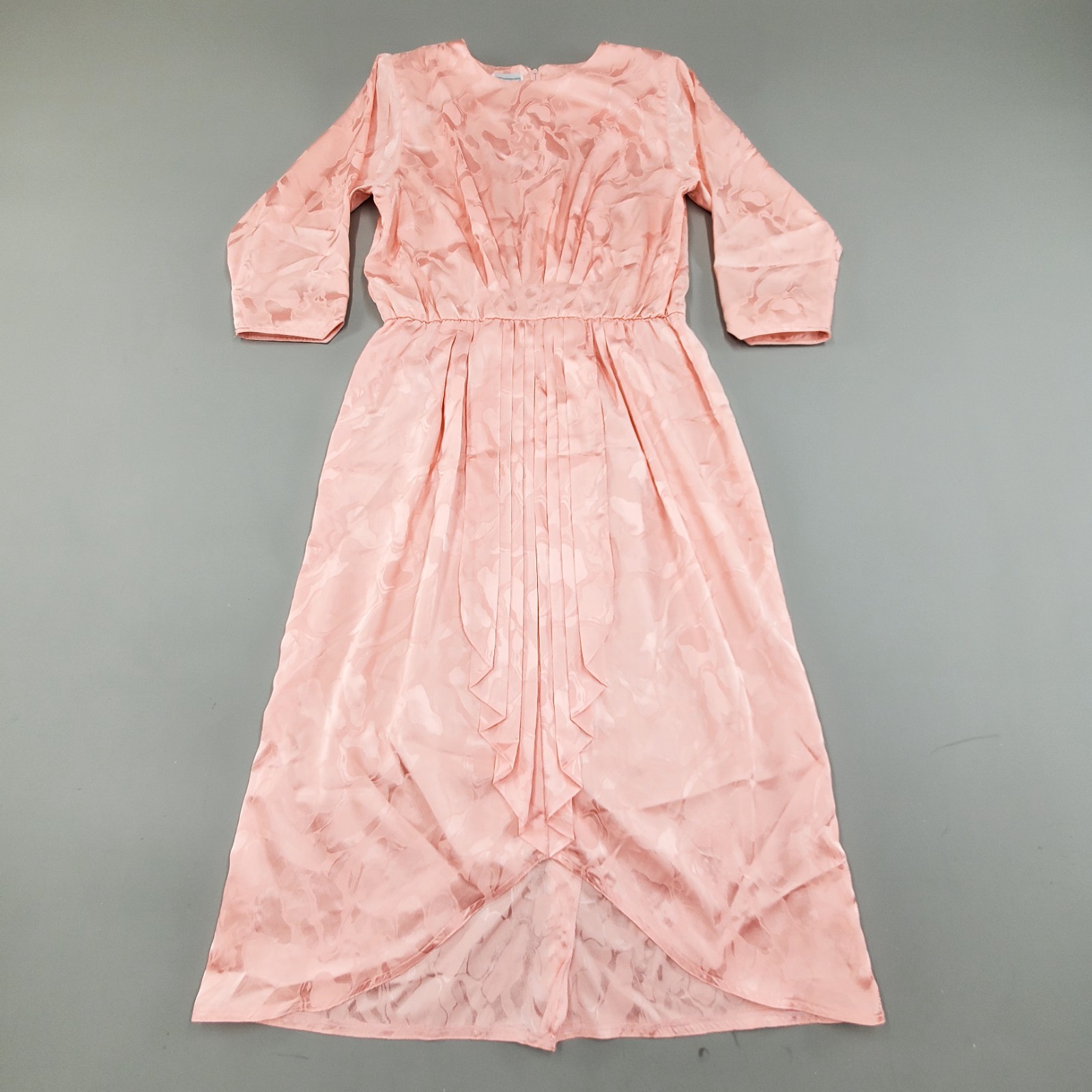 Vtg 80s SEARS Impromptu Secretary Dress Pink Satin Jacquard Pintuck Pleats 9/10