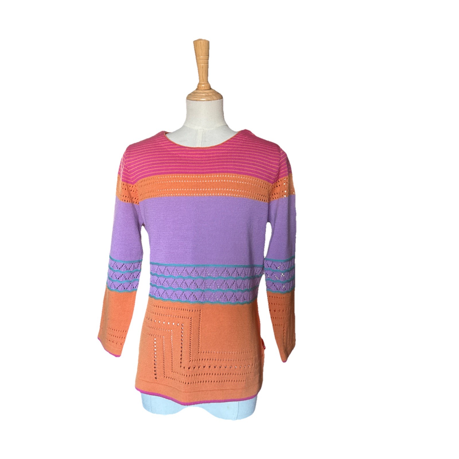 VNTG White Horse Knit Sweater Boho Art To Wear Geometric Pink Purple Orange S/M