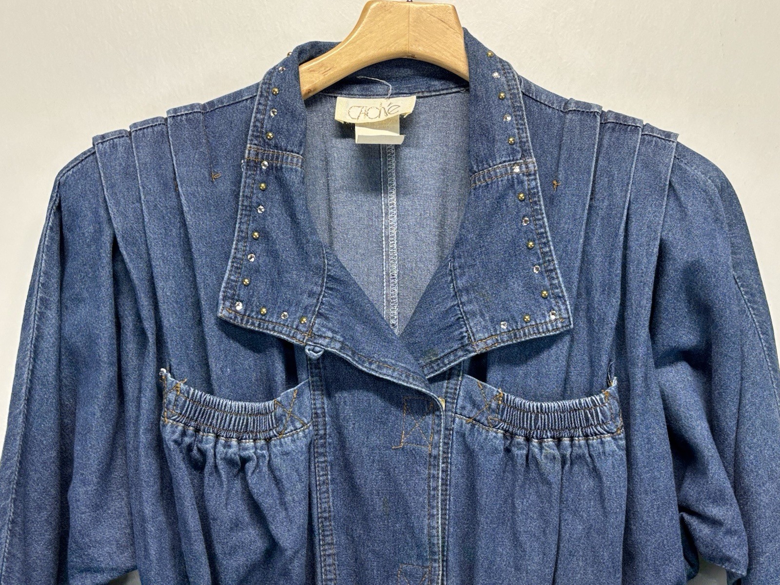 Vtg Cache Denim One Piece Jumpsuit Women’s 10 Blue Studded Trim 80s Made USA