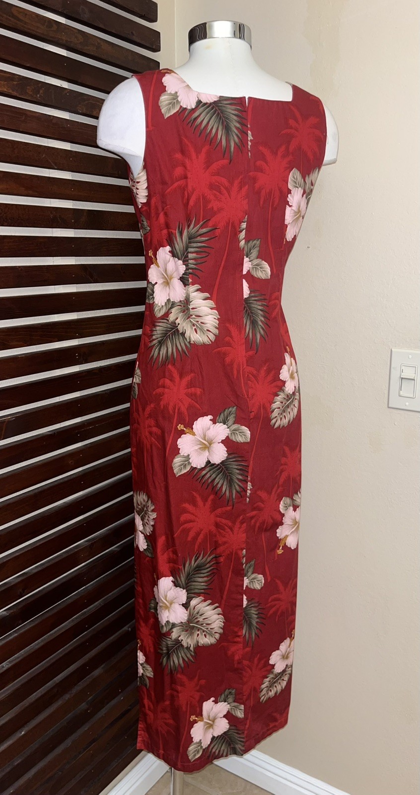 1990s 90s Vintage Red Hibiscus Floral Hawaiian Sleeveless Maxi Dress Side Slit S