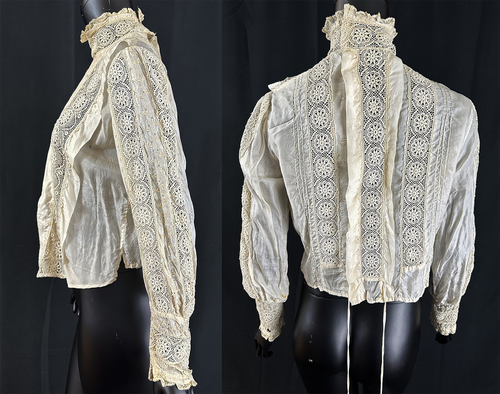 Edwardian Embroidered Ivory Cream Silk Lace High Collar Shirtwaist Blouse VTG