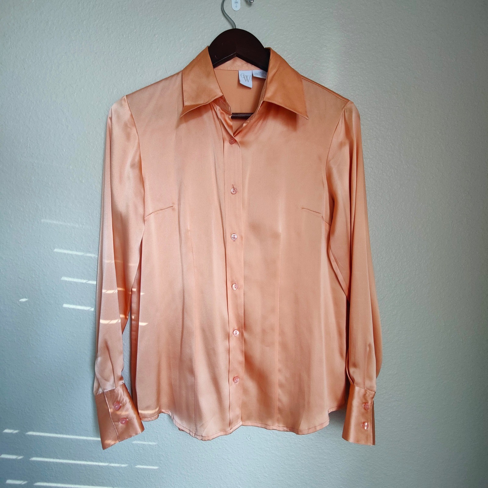 Vintage 90s 100% Silk Satin Button Down Blouse Pink Orange Tailored Womens 6