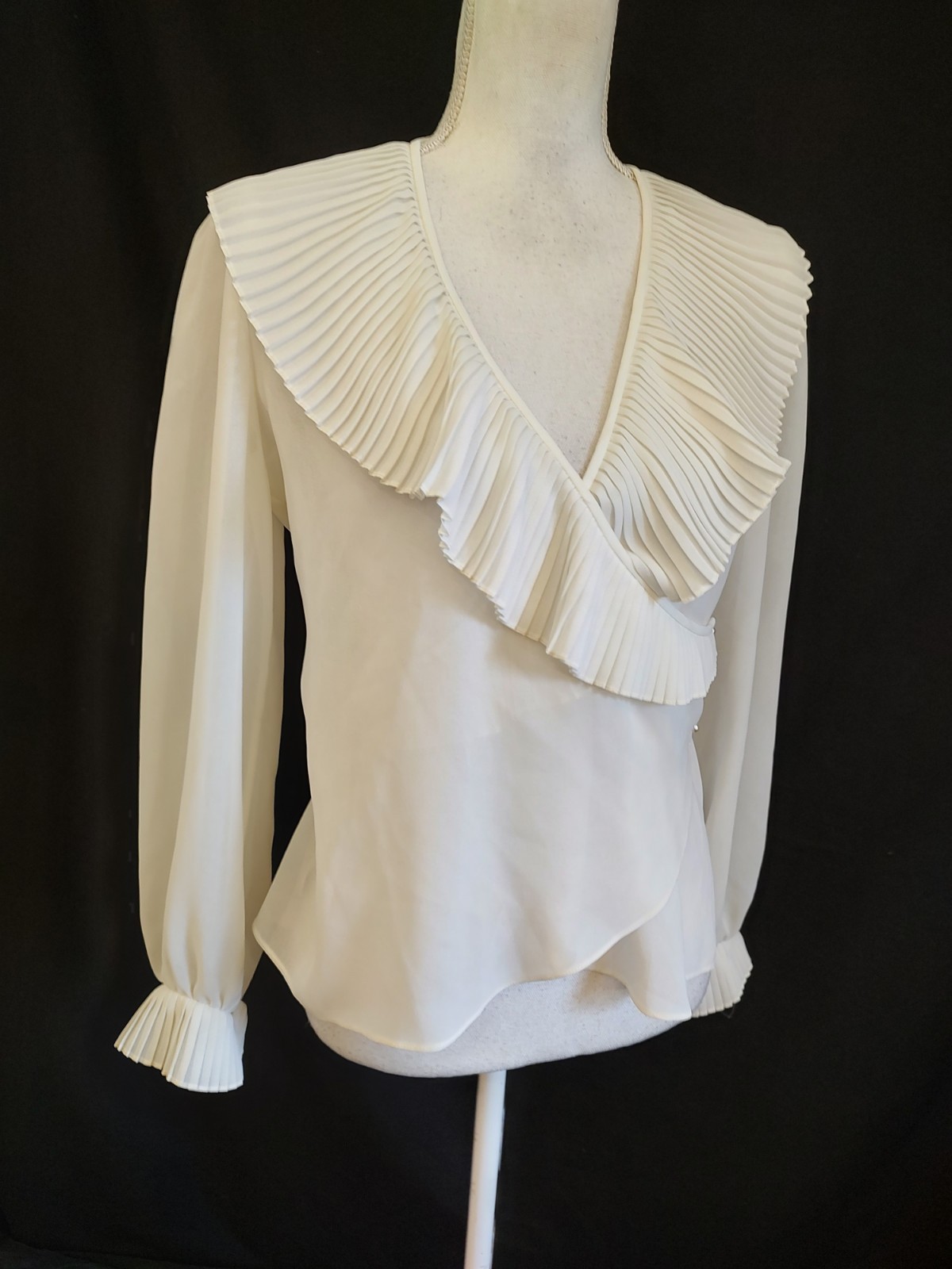 Vintage 70’s B Altman Top Wrap Blouse Sheer White Crepe Pleat Ruffle Poet Sz L