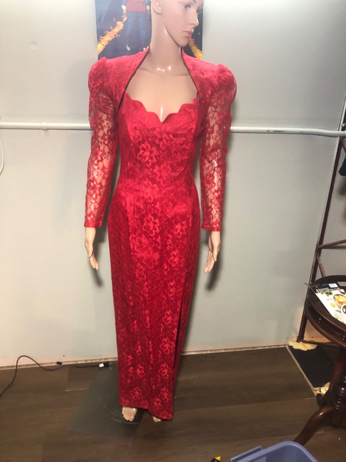 Vintage 80s LA GLO Red Floral Lace Maxi Gown & Puff Sleeve Bolero Jacket Set 2pc
