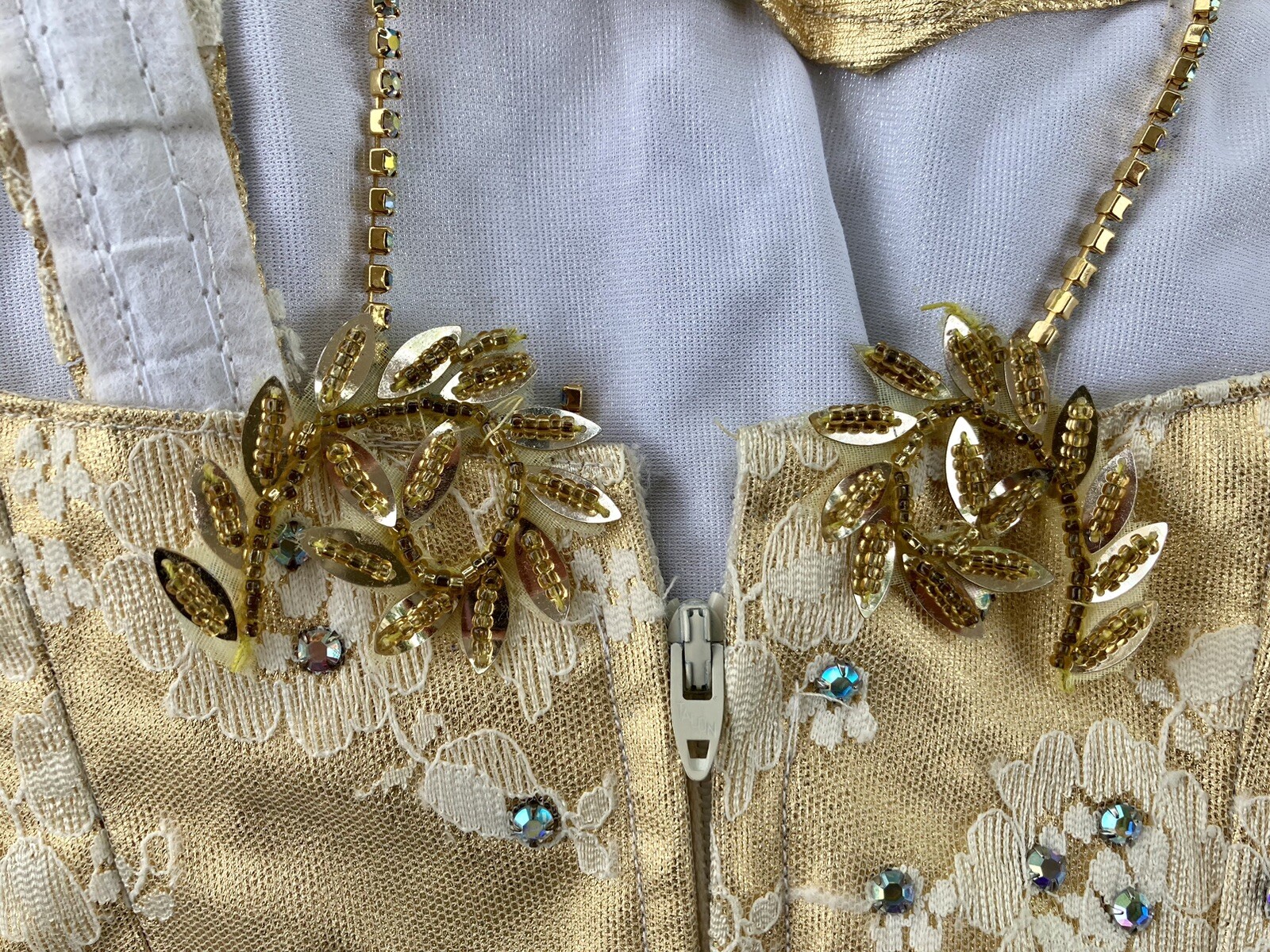 1980s GOLD LONG DRESS w/Lace and Rhinestones; Fancy Trim d1-2