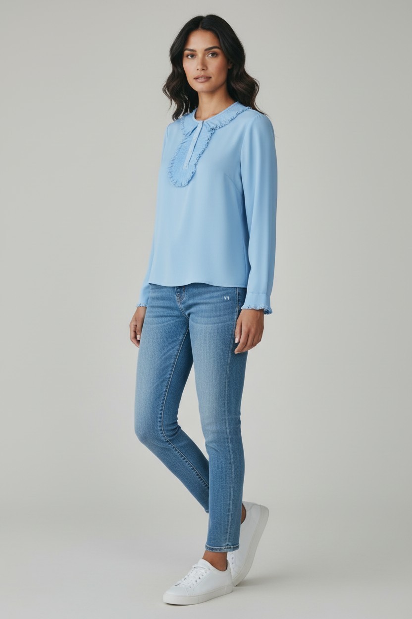 Going-To-A-Go-Go Ruffled Baby Blue 3/4 Sleeve Top;’60s Mod Size 4-5/Small