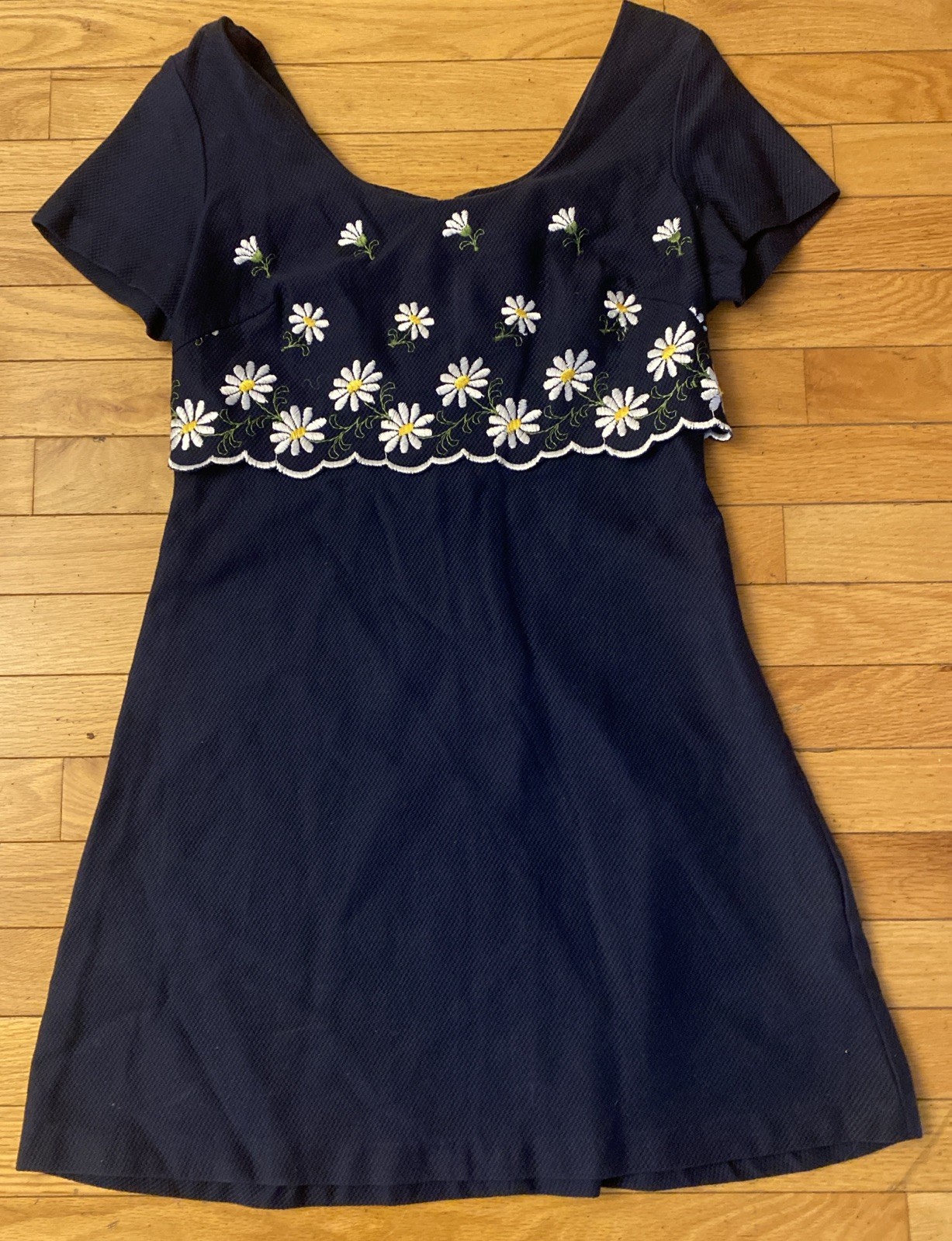 Vtg 80s-90s Blondie & Me Navy Summer Dress Embroidered Daisies Sweet Small USA