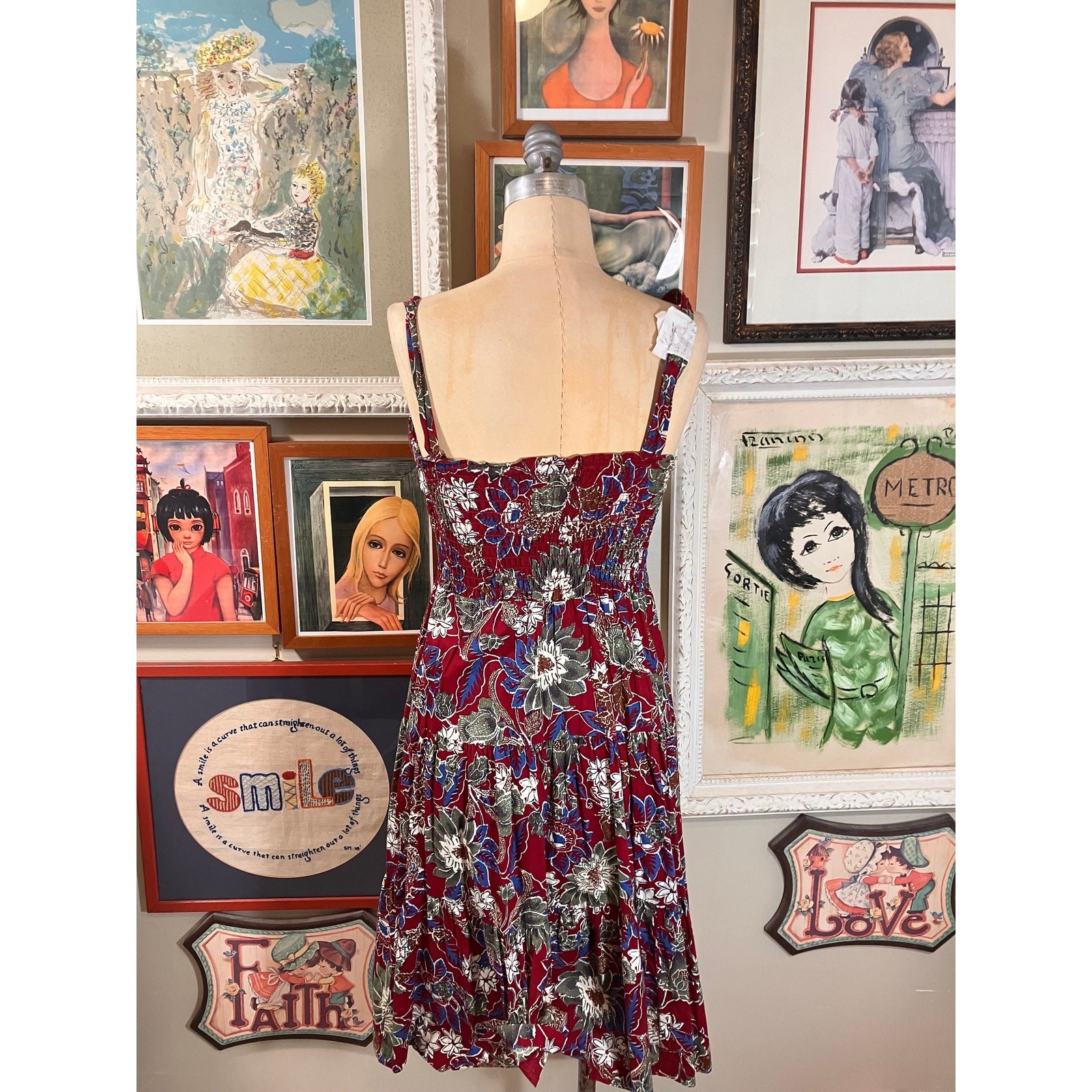 Vintage 1970s Dash-About Floral Cotton Sun Dress Red Blue Petite Small Boho