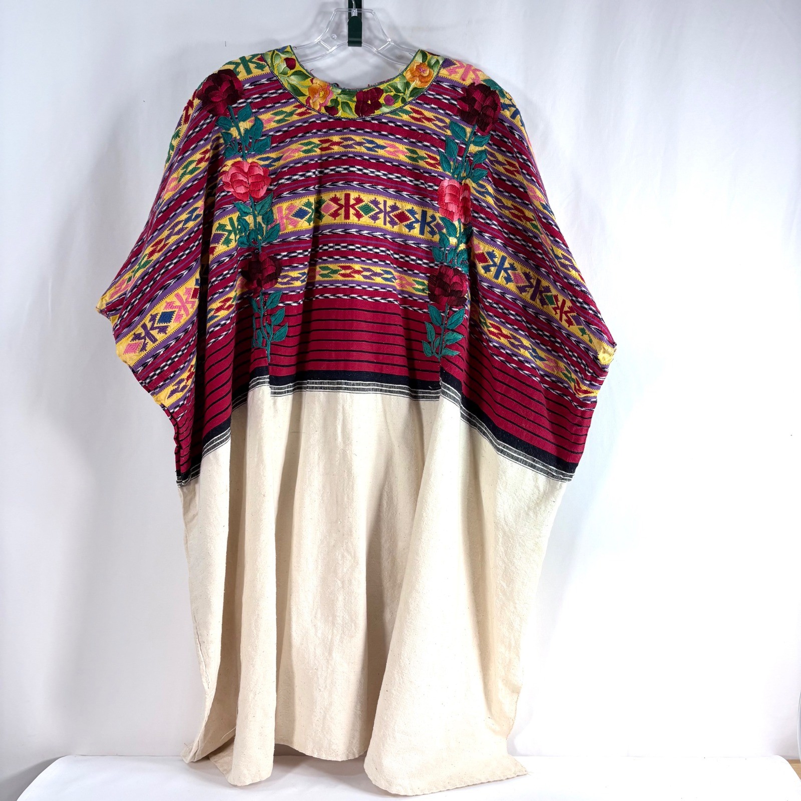 Vintage Guatemalan Huipil Poncho Cream Burgundy Floral Handwoven Embroidered