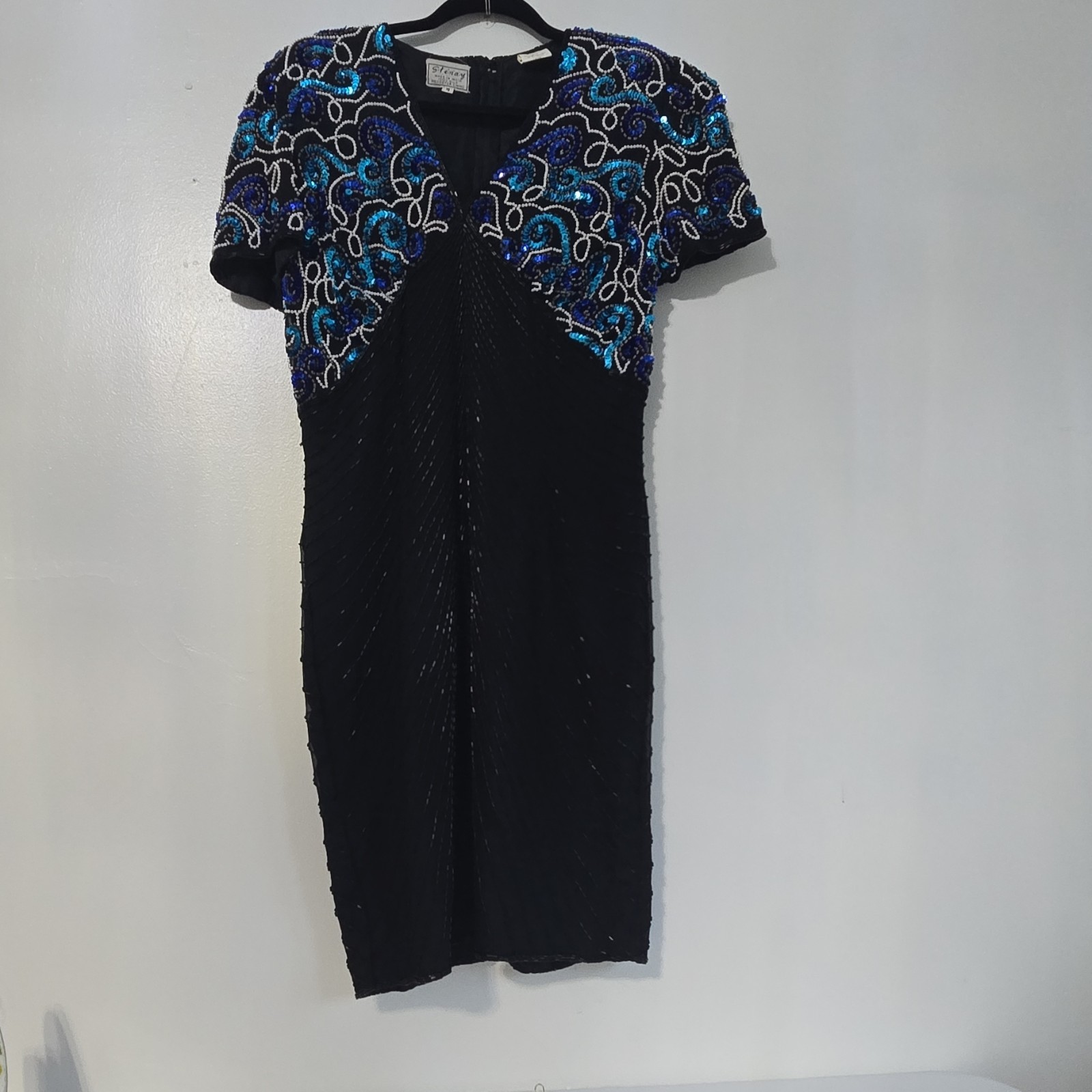VINTAGE Women Stenay Bead & Sequin Dress Black Blue&White Cocktail Formal size4