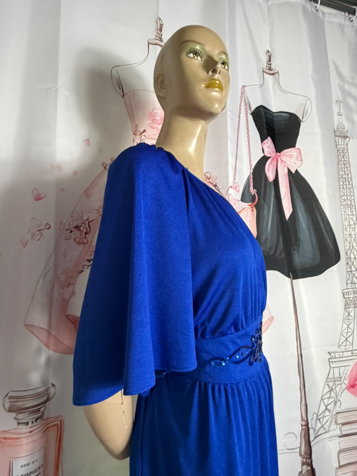 70s maxi dress evening dress Höpfner Jeunesse vintage royal blue cape sleeves 42 44