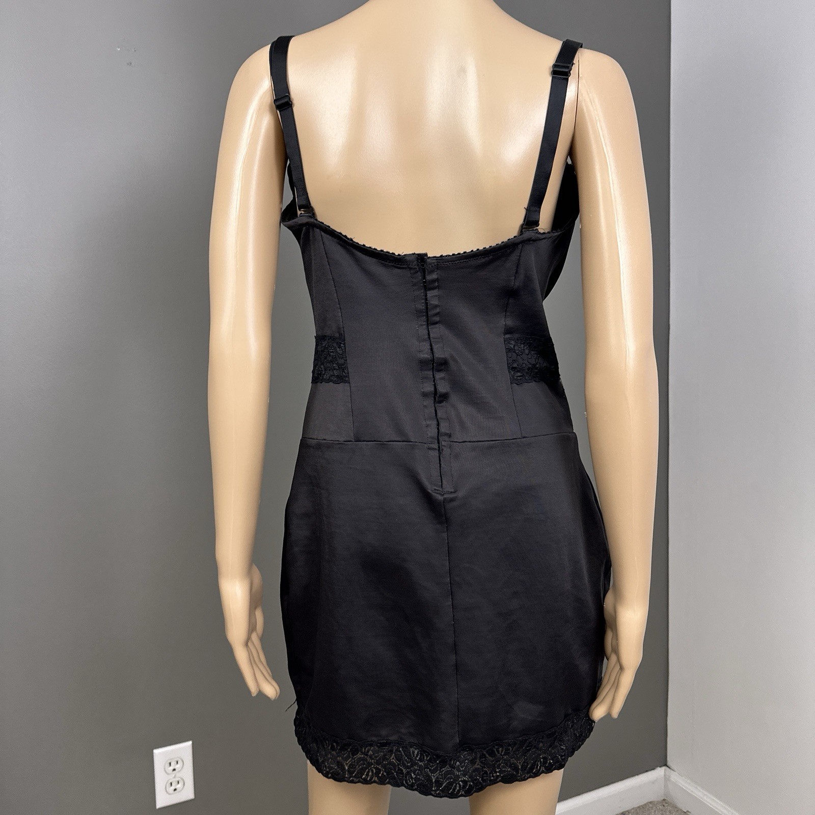 Vintage Crown-ette 44D All In One Shaper Corselette Satin Lace Mesh Black 90s US