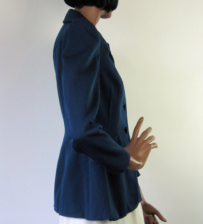 40s Gab Jacket Fit and Flare Navy Blue Vtg Strong Shoulder Nip Waist Rollman’s