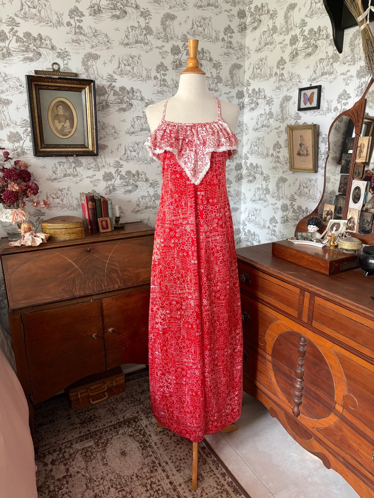 Vintage 1970s Napili Hawaiian Beach Dress: Red, Criss Cross Back, Boho, Lace