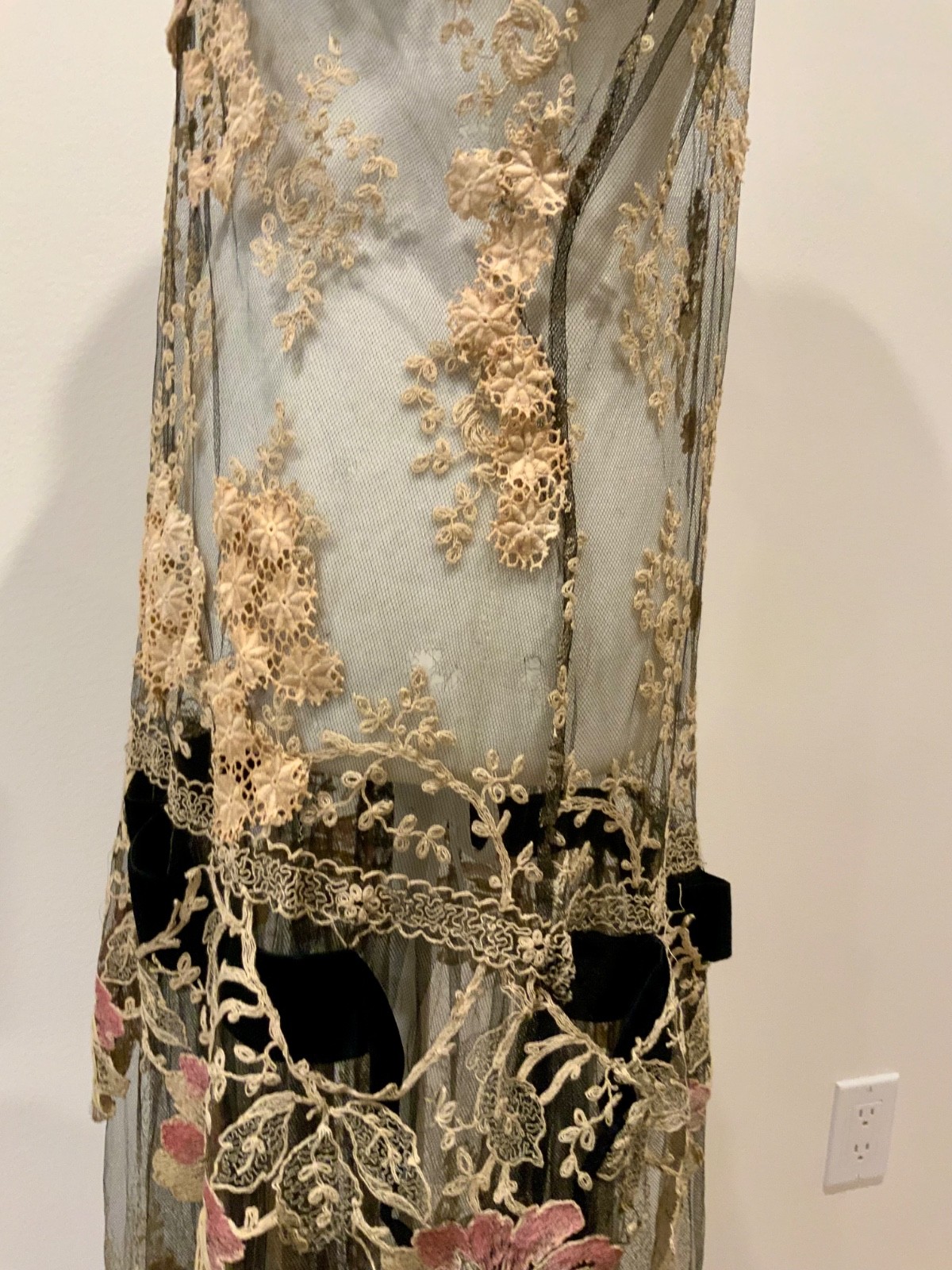 Rare 1920s French Lace Dress. Black Net & Pink Floral Embroidery. Restored S