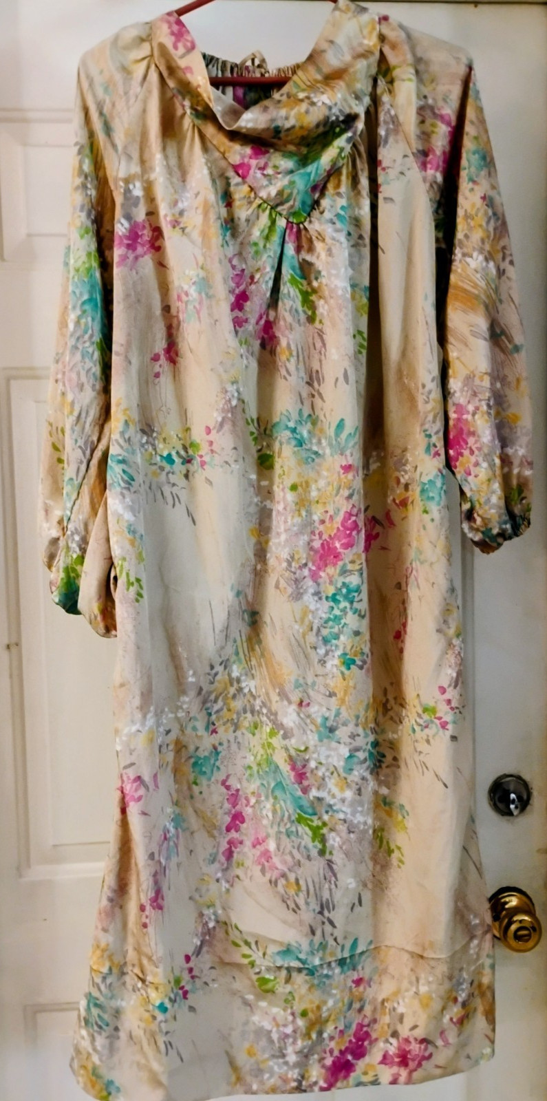 Vintage Christian Dior Lounge Wear Hostess Dress Shimmery Taupe Floral Size Med