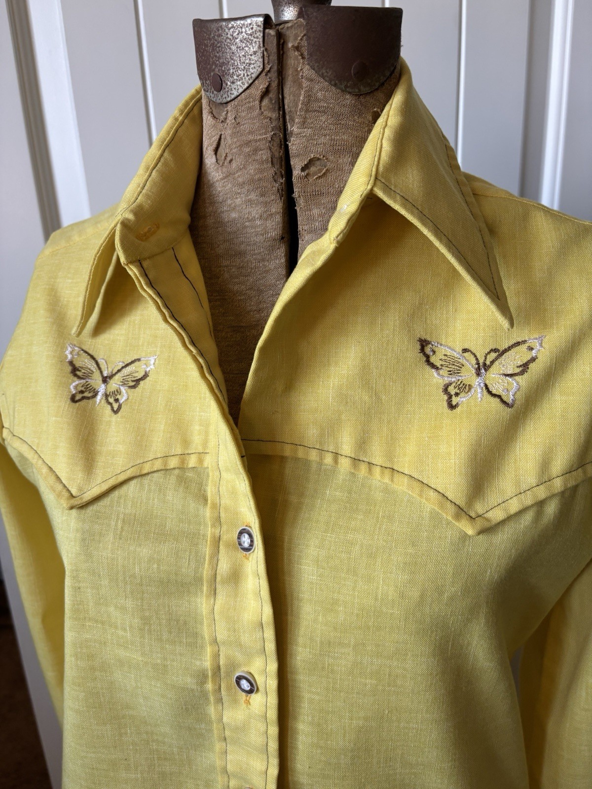 VTG 70s JCPenney Towncraft Yellow Western Shirt Butterfly Embroidered S/M