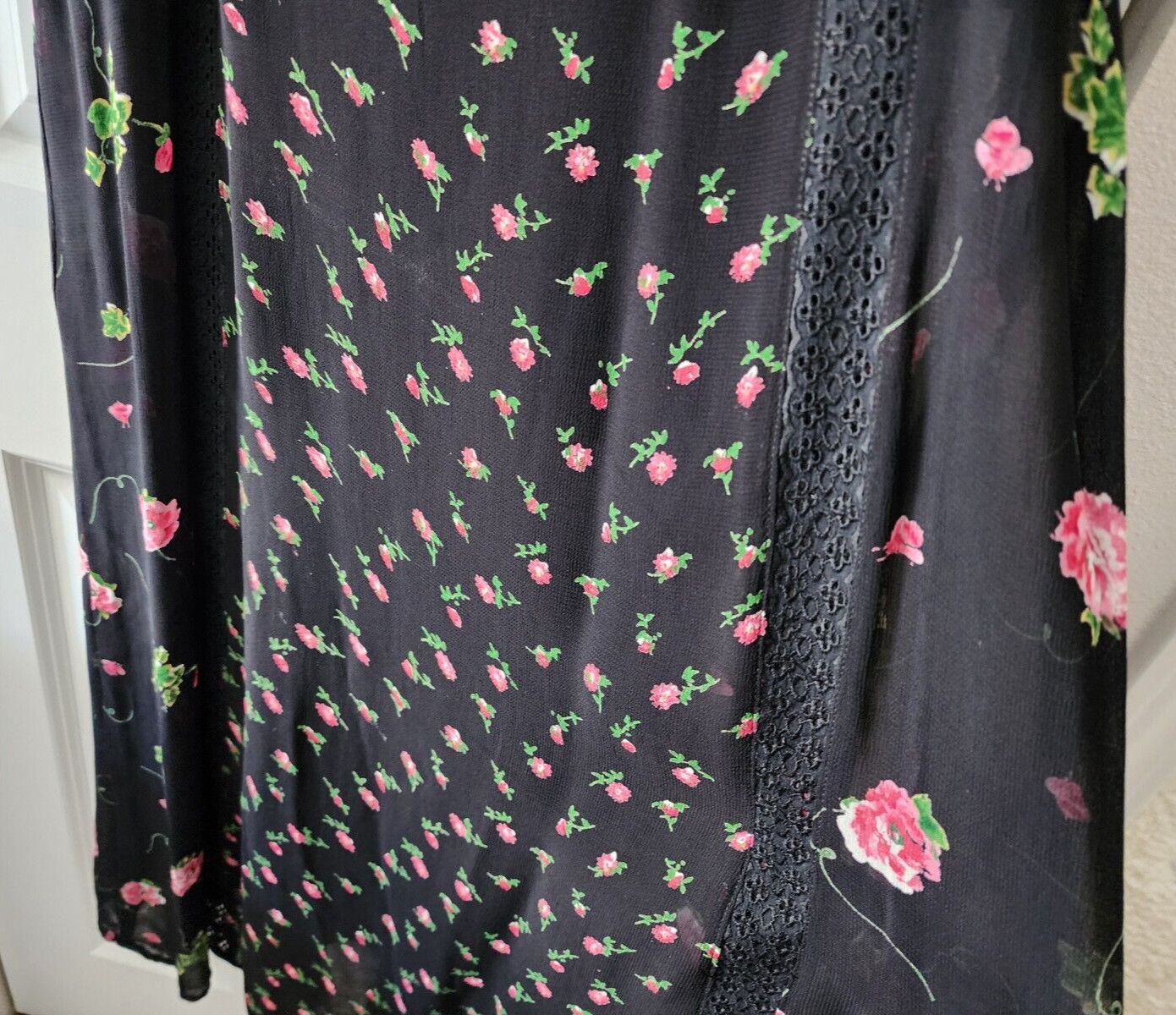 Vintage Lola P. Maxi Dress Black Multicolor Floral Textured Gauze- Size S