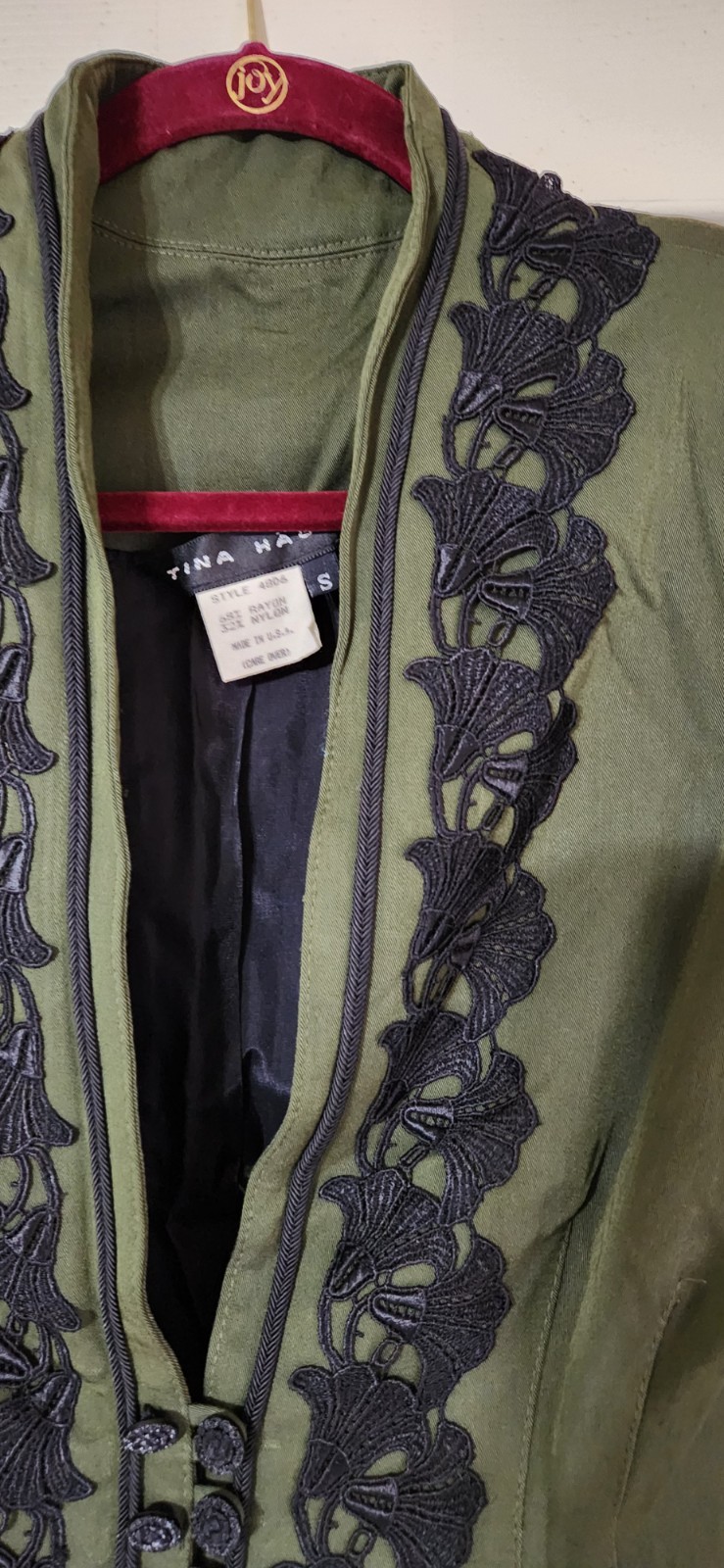 Edwardian Olive Green Jacket Black Embroidered Trim Flower Petals Size Small 90s