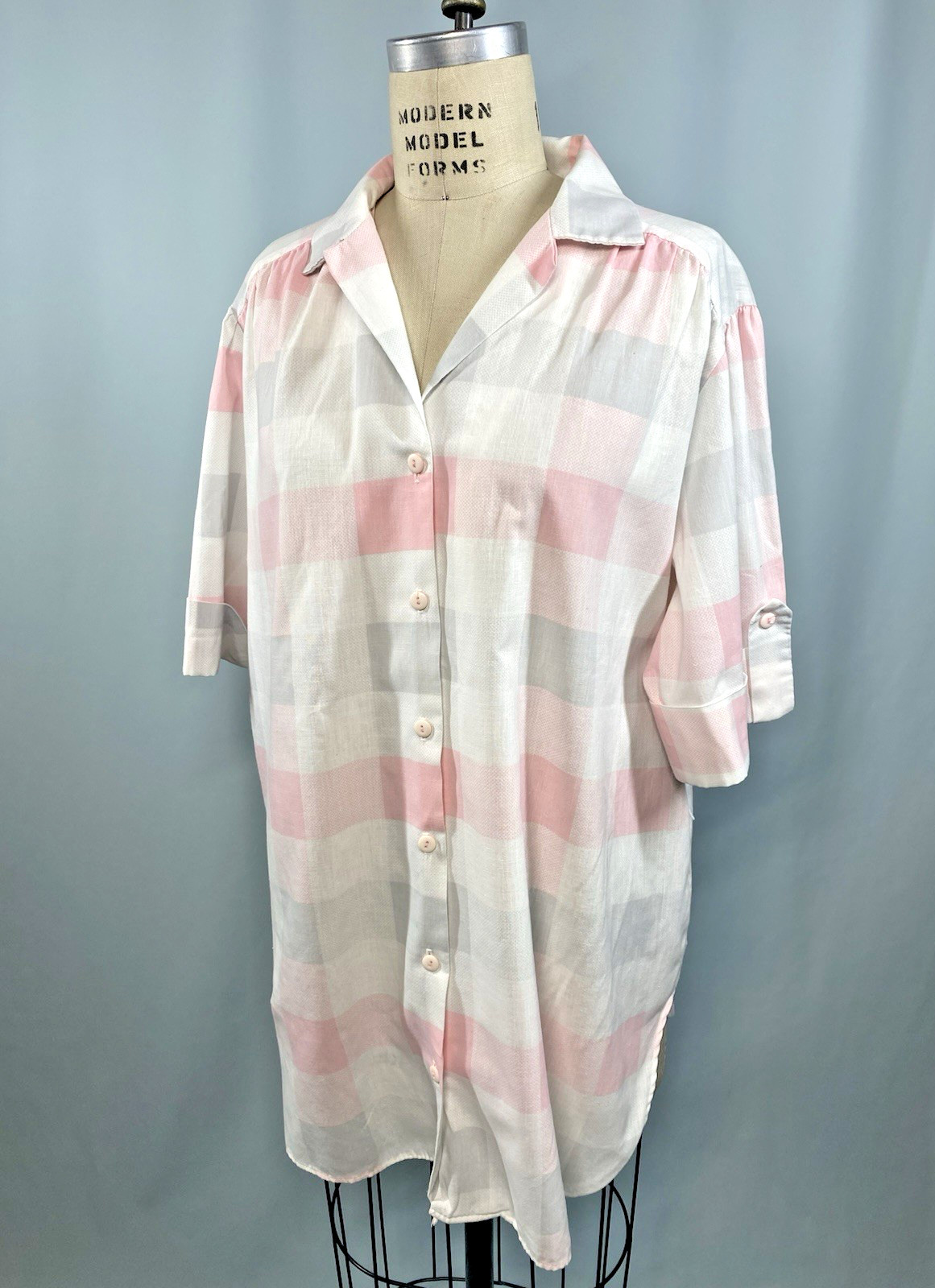 Vintage Blouse SIZE XL 42 pink grey check tunic Top CALIFORNIA CONNECTION 80s