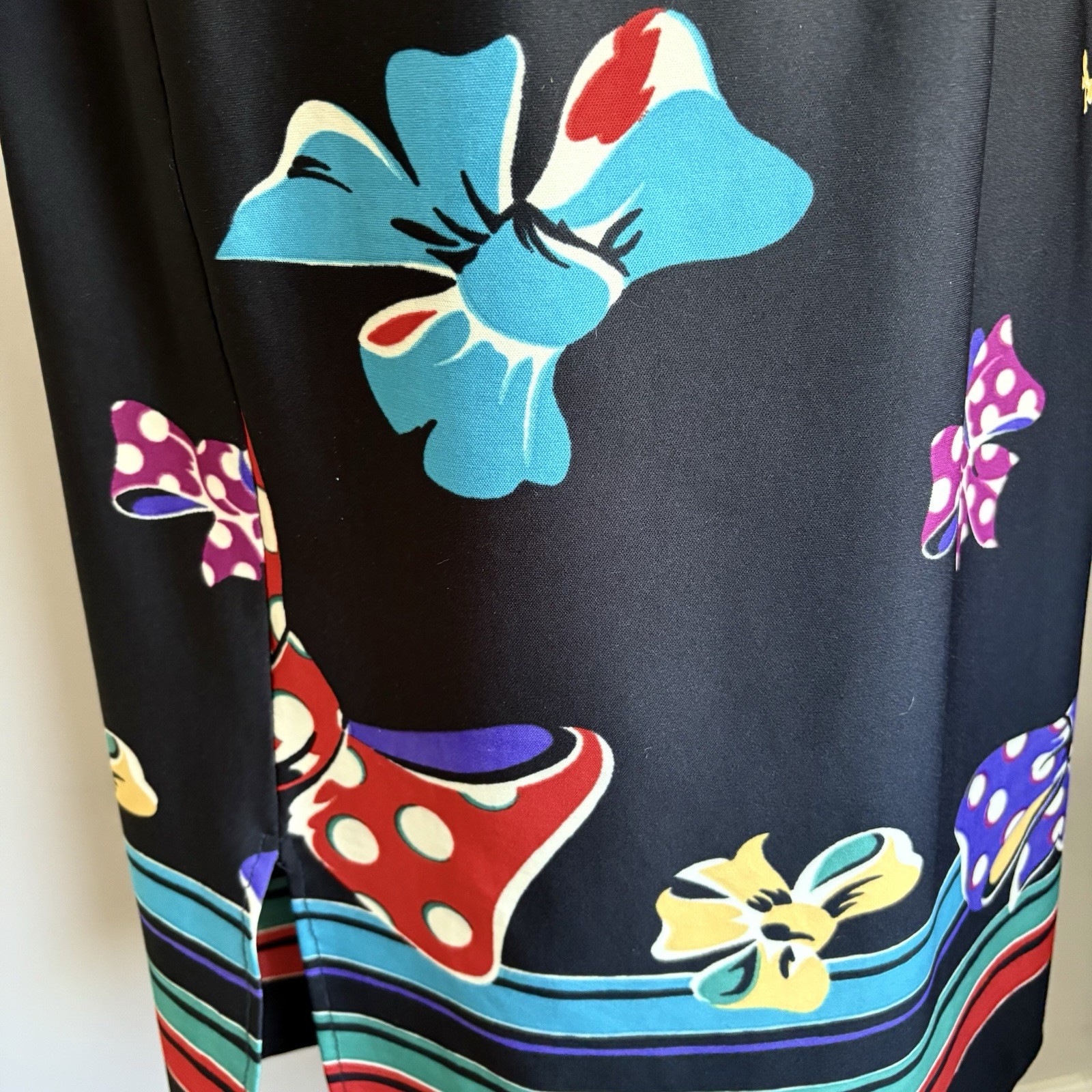 Vintage 1970’s Pop Art Bow Print on Jet Black Dress France Size S/M