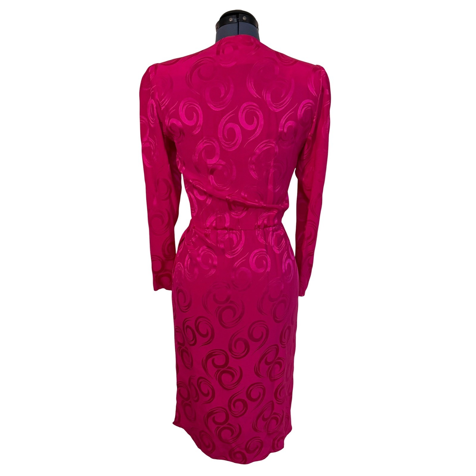 Vtg Argenti Pink Silk Jacquard Wrap Dress Midi 80s Luxury Glam Mob Wife 4 NEW